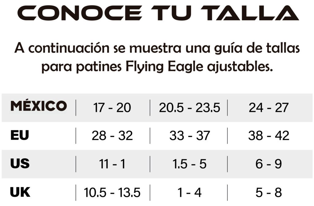SIZE CHART FLYING EAGLE AJUSTABLES